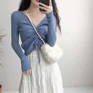 V-Neck Center Drawstring Ribbed Long Sleeves Blue Sweater One Size Women's S / M